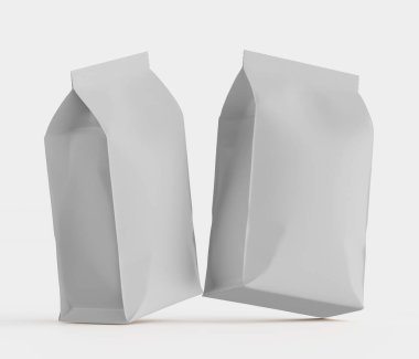 Gri arkaplanda izole edilmiş model koleksiyonu için 3B Renkli Resim Kahve Kese Paketi