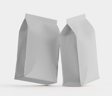 Gri arkaplanda izole edilmiş model koleksiyonu için 3B Renkli Resim Kahve Kese Paketi