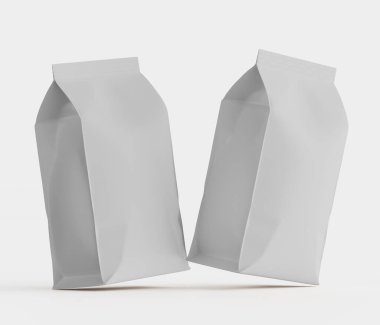 Gri arkaplanda izole edilmiş model koleksiyonu için 3B Renkli Resim Kahve Kese Paketi