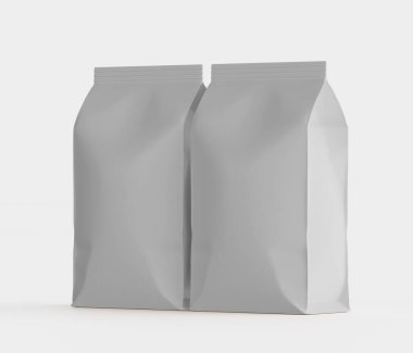 Gri arkaplanda izole edilmiş model koleksiyonu için 3B Renkli Resim Kahve Kese Paketi