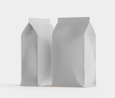 Gri arkaplanda izole edilmiş model koleksiyonu için 3B Renkli Resim Kahve Kese Paketi