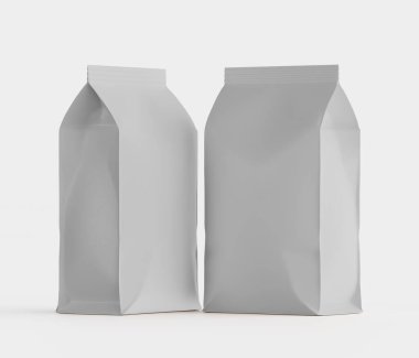 Gri arkaplanda izole edilmiş model koleksiyonu için 3B Renkli Resim Kahve Kese Paketi