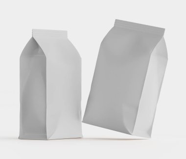 Gri arkaplanda izole edilmiş model koleksiyonu için 3B Renkli Resim Kahve Kese Paketi