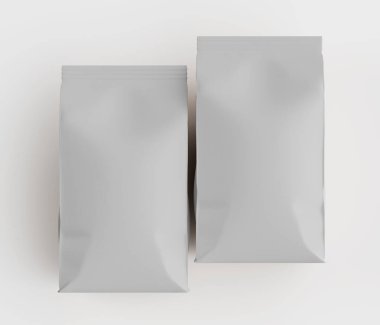 Gri arkaplanda izole edilmiş model koleksiyonu için 3B Renkli Resim Kahve Kese Paketi