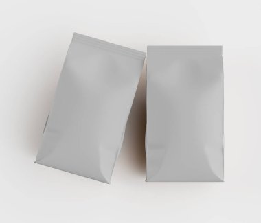 Gri arkaplanda izole edilmiş model koleksiyonu için 3B Renkli Resim Kahve Kese Paketi