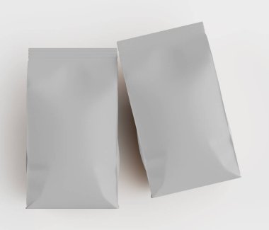 Gri arkaplanda izole edilmiş model koleksiyonu için 3B Renkli Resim Kahve Kese Paketi