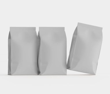 Gri arkaplanda izole edilmiş model koleksiyonu için 3B Renkli Resim Kahve Kese Paketi