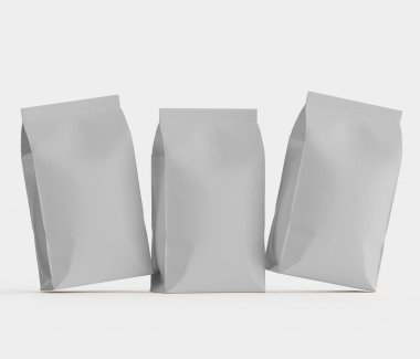 Gri arkaplanda izole edilmiş model koleksiyonu için 3B Renkli Resim Kahve Kese Paketi