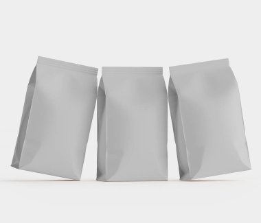 Gri arkaplanda izole edilmiş model koleksiyonu için 3B Renkli Resim Kahve Kese Paketi