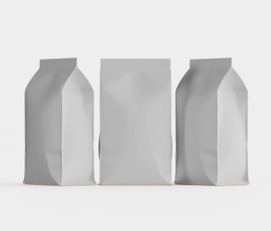 Gri arkaplanda izole edilmiş model koleksiyonu için 3B Renkli Resim Kahve Kese Paketi