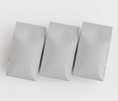 Gri arkaplanda izole edilmiş model koleksiyonu için 3B Renkli Resim Kahve Kese Paketi