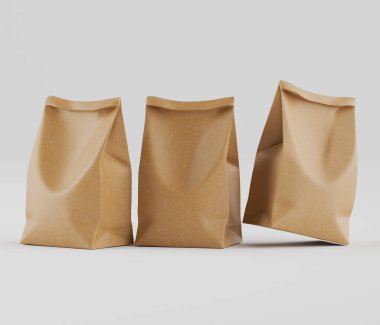 Beyaz Arkaplanda izole edilmiş model koleksiyonu için 3B resimleme Kraft Kağıt Torbası