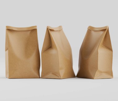 Beyaz Arkaplanda izole edilmiş model koleksiyonu için 3B resimleme Kraft Kağıt Torbası