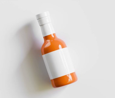 Gri arkaplanda boş etiketli sos şişesi