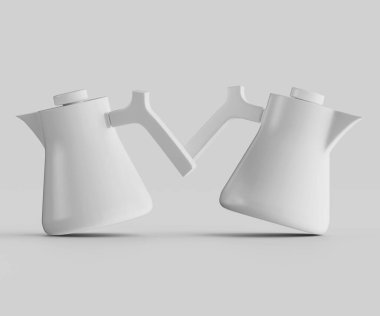 İki modern beyaz seramik kahve veya çaydanlık bir stüdyo ortamında, açık gri bir arkaplanda sunuluyor. Tencereler hafifçe açılı, dinamik bir sunum, parlak, geometrik şekiller ve basit saplar gösteriyor. Eşit ışıklandırma...