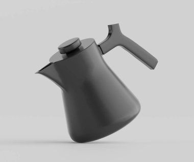 Modern, parlak, koyu gri çaydanlık, açık gri arka planda açılı. Pürüzsüz, parlak yüzey, basit tasarım, temiz çizgiler, modern tarz. Stüdyo çekimi, parlak, hatta ışıklandırma, izole edilmiş arka plan. Yayıncılıkta ürün fotoğrafçılığı veya editoryal kullanım için ideal