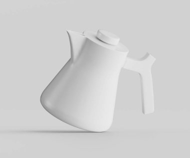 Modern beyaz çaydanlık açık gri bir arka planda duruyor. Görüntü iyi aydınlatılmış, çaydanlığın pürüzsüz ve basit tasarımını gözler önüne seriyor. Ev aletlerine modern ve minimalist bir yaklaşım öneriyor..