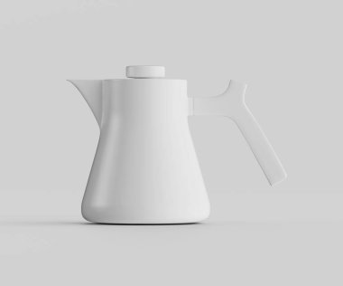Modern, minimalist beyaz çaydanlık. Pürüzsüz, mat yüzey ve gösterişli tasarım. Beyaz arka plan, stüdyo ışıkları. Ticari ürün fotoğrafçılığı veya çağdaş mutfak eşyaları tasarımının editoryal illüstrasyonu için uygundur.