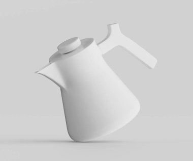 Tarafsız bir arkaplanda modern bir beyaz çaydanlık sunulur. Çaydanlığın pürüzsüz, yontulmuş bir tasarımı var. Sessiz renkler ve temiz çizgiler modern bir estetik oluşturuyor. Stüdyo çekim stili ve hafif ışıklandırma biçimi vurgulanıyor. Harika bir görsel elem.