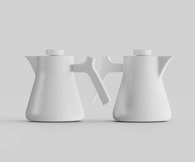 Açık gri bir yüzeyde iki beyaz seramik kahve demliği duruyor. Tencereler modern ve minimalist, pürüzsüz yüzeyleri ve basit kulpları var. Işıklandırma parlak ve hatta nötr bir zemin oluşturarak şekilleri ve dokuları vurguluyor.