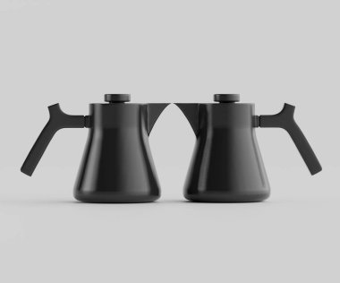 Tarafsız bir arkaplanda iki mat koyu kahve ısıtıcısı yan yana gösterilir. Su ısıtıcılarında ergonomik saplı modern tasarımlar var. Açık gri arkaplan ve net ürün sunumu profesyonel ve temiz bir estetik oluşturur,