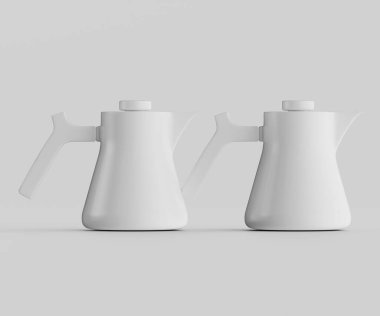 Tarafsız bir zeminde iki beyaz çaydanlık yan yana sergilenir. Basit şekilli modern, minimalist tasarıma sahipler. Stüdyo çekimi çaydanlığın temiz ve pürüzsüz bitiş noktasını vurguluyor. Ayarlar sade ve kontrollü, ideal.
