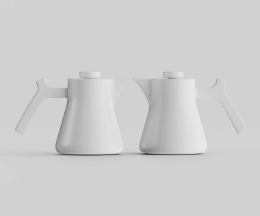 İki beyaz çaydanlık yan yana yerleştirilmiş, temiz ve modern bir tasarım sergiliyorlar. Pürüzsüz, mat yüzeyler ve basit çizgiler görsel olarak çekici bir kompozisyon oluşturuyor. Işıklandırma nötr, çaydanlıkların detaylarını vurguluyor. Atış yap.
