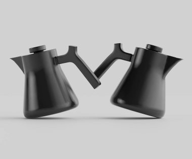 İki modern, mat sade kahve demliği sergileniyor. Tencerelerin pürüzsüz, pürüzsüz şekilleri ve ergonomik sapları var. Işıklandırma nötr ve arka plan basit bir açık gri. Görüntü mutfak gereçleri tasarımı ve balo için uygun.