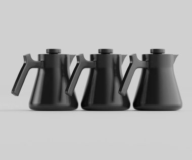 Üç sade kahve makinesi bir stüdyo ortamında sunuluyor. Işıklar eşit ve parlak. Renkler koyu ve parlak. Modern tasarım resimler için temiz bir estetik sunar ve çevrimiçi kataloglarda kullanmak için uygundur.