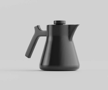 Tarafsız bir zemine sergilenen modern siyah çaydanlık. Çaydanlığın pürüzsüz kıvrımları ve ergonomik sapları olan parlak bir tasarımı var. Görüntü iyi aydınlatılmış, su ısıtıcısının formunu ve malzemesini net bir şekilde gösteriyor. Arkaplan sade, açık gri, al