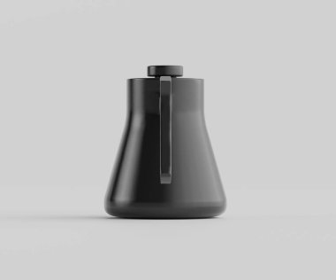 Modern bir siyah çaydanlık, düz gri arka planda sunulur. Çaydanlığın basit, minimalist bir tasarımı var, pürüzsüz, mat bir sonu var. Işıklandırma eşit ve nötr, çaydanlığın biçimini ve rengini vurguluyor. Bu görüntü mükemmel olurdu. 