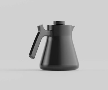 Açık gri arka planda modern siyah çaydanlık. Çaydanlıkta minimalist, geometrik bir tasarım var. Koyu gri ya da siyah bir renge ve pürüzsüz, mat bir finişe sahiptir. Görüntü nötr renklerle aydınlanmış, bu da kapalı bir ortam olduğunu gösteriyor. Takım elbiseli!