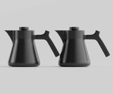 Tarafsız bir zeminde iki modern siyah çaydanlık yan yana duruyor. Çaydanlıklar pürüzsüz, aerodinamik şekiller gösteriyor. Işıklandırma eşit ve nötr, bu da onların formlarını ve parlak dokularını net bir şekilde görmemizi sağlıyor. Görüntü ticarette kullanmak için uygundur.
