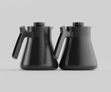 İki modern siyah çaydanlık açık gri arka planda sunuluyor. Çaydanlıkların sapları ve kapakları olan gösterişli, minimalist bir tasarımı var. Aydınlatma düz ve parlak, çaydanlıkların pürüzsüz yüzeyini vurguluyor. Stüdyo ayarları 