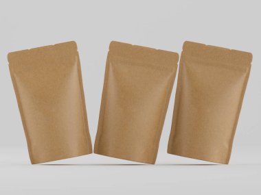 Üç Kraft kağıt kesesi, açık gri arka planda bir ürünün maketi olarak sunuluyor. Keseler dinamik bir düzende yerleştirilmiş. Bu da yukarıda bir hareket ve ışık kaynağı olduğunu gösteriyor. Tasarım basit, süslenmemiş, uygun bir stile sahiptir. 