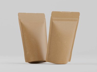 Gıda veya diğer tüketici ürünleri için olması muhtemel iki açık kahverengi kağıt kesesi, düz ve açık gri arkaplana karşı üç boyutlu olarak sunuluyor. Keseler hareket halinde, dinamik bir sunum izlenimi veriyor. Işıklar eşit ve... 