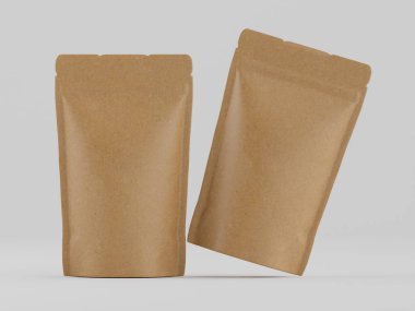 Gıda veya kahve için kullanılabilecek iki açık kahverengi kağıt veya kese düz gri arka planda gösteriliyor. Keselerin hafif parlak, pürüzsüz bir yüzeyi var. Tarzı modern ve minimalist, temiz ve basit bir tasarımı var. Ürünler...