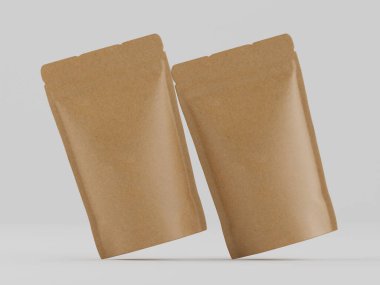 Tarafsız bir arkaplanda, stüdyo ortamında yiyecek veya atıştırmalık olması muhtemel iki açık kahverengi kağıt kese sunuluyor. Kese pürüzsüz, mat bir yüzeye sahiptir ve şekillerini ve boyutlarını vurgulamak için açılıdırlar. Işıklar eşit ve parlak, boşalt.