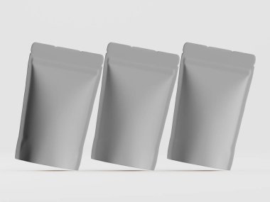 Açık gri, dik keseler, açık gri arkaplanda üç boyutlu açıyla gösteriliyor. Keseliler esnek ambalaj gibi görünüyor. Tarzı modern, minimalist ve nötr renk paletiyle temizdir. Görüntü ideal.