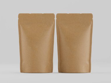 Tarafsız bir arkaplanda iki açık kahverengi kağıt kese gösteriliyor. Keseler dikey olarak yönlendirilir ve pürüzsüz yüzeyi ve nötr tonu basit, temiz bir estetik yaratır. Resim iyi ışıklandırılmış, ambalaj dizisinin net bir görüntüsünü sunuyor