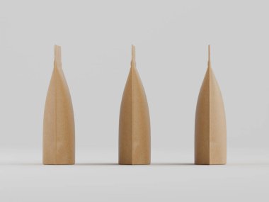 Açık gri bir yüzeyde üç açık bej kese ya da kese duruyor. Çantalar farklı açılardan sergileniyor, şekillerini ve yapılarını gösteriyor. Aydınlatma eşit, arka plan temiz, yüksek kaliteli bir çekim sunuyor.