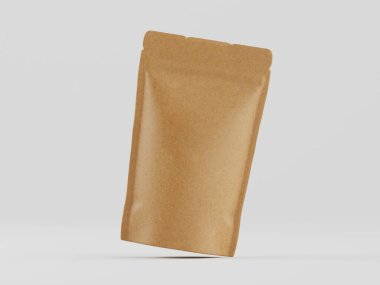 Açık kahverengi bir kağıt kesesi, muhtemelen gıda ambalajı için, tarafsız bir zemin üzerinde yüzer. Kese pürüzsüz, mat bir yapıya sahiptir ve temiz ve modern bir şekilde sunulmaktadır. Aydınlatma düzgün ve parlak, kesenin ve çantasının net bir görüntüsünü oluşturuyor.