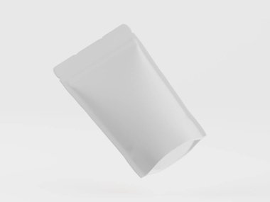 Açık gri, pürüzsüz, boş bir ambalaj kesesi basit bir gri zemine karşı yüzer. Ambalaj dikdörtgen şeklinde ve yumuşak kıvrımları var ve şekli esneklik ve çok yönlülüğü gösteriyor. Gıda, kozmetik veya diğer tüketim ürünleri için uygundur..