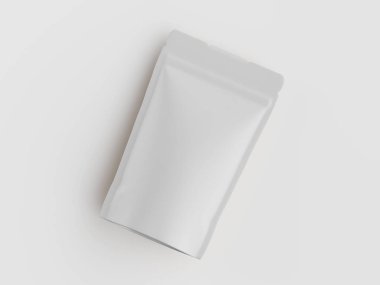 Boş, açık gri, dikdörtgen yiyecek kesesi. Düz bir şekilde dizayn edilmiş, şekli ve tasarımının genel bir görünümünü göstermektedir. Kese büyük olasılıkla kahve çekirdekleri, çay yaprakları veya aperatifler gibi çeşitli ürünleri barındırmayı amaçlıyor. Yüksek kaliteli fotoğrafçılık, uygun.