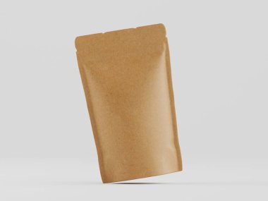 Açık kahverengi bir kesekağıdının stüdyo fotoğrafı. Kese, tarafsız gri bir arkaplana karşı havada duruyor. Görüntü iyi aydınlatılmış, kesenin dokusunu ve şeklini gösteriyor. Resim ambalaj tasarımı veya tanıtım kullanımı için uygundur.