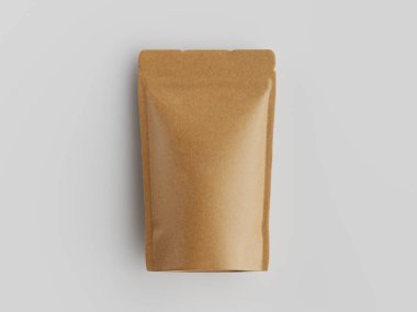 Açık kahverengi bir kağıt torbanın stüdyo çekimi, yiyecek veya içecek ürünleri için olabilir. Kesenin pürüzsüz, mat bir dokusu var. Tarafsız gri zemin temiz bir arkaplan sağlar. Ambalaj tasarımı veya reklam gibi ticari ve editoryal kullanımlar için ideal