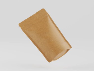 Açık kahverengi kağıt bir kese, muhtemelen yiyecek veya içecek için, tarafsız gri bir zemin üzerinde yüzer. Kese basit, dikdörtgen şeklinde ve malzeme pürüzsüz görünüyor. Işıklandırma yumuşak ve kağıdın dokusunu vurguluyor. Bu...