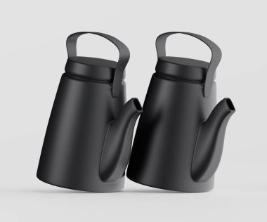 İki siyah çaydanlık, modern bir tarz sergileyen açık gri bir mekanda sunuluyor. Tencereler görsel olarak çekici, mat bir bitiş ve pürüzsüz kıvrımlarla renklendirilmiş. Resim, ürün fotoğraflamasında tasarım kavramlarını göstermek için uygundur