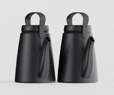 İki siyah, modern çaydanlık açık gri arka planda yan yana duruyor. Tencerelerin ince bir şekli, sapları ve kapakları var. Görüntü iyi ışıklandırılmış, çaydanlıkların pürüzsüz, mat yüzeylerine vurgu yaparak, basit tasarımlarını ve s 'lerini gösteriyor.