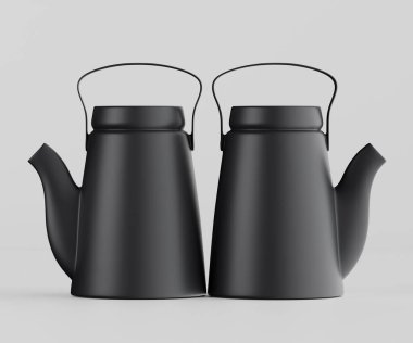 Tarafsız bir arkaplanda iki mat siyah çaydanlık sunulur. Tencerelerin uzun, ince bir şekli vardır ve parlak, pürüzsüz yüzeyleri ve koyu tonlarıyla karakterize edilirler. Modern bir tarzları var, çağdaş bir mutfak için mükemmel. Görüntü iyi.